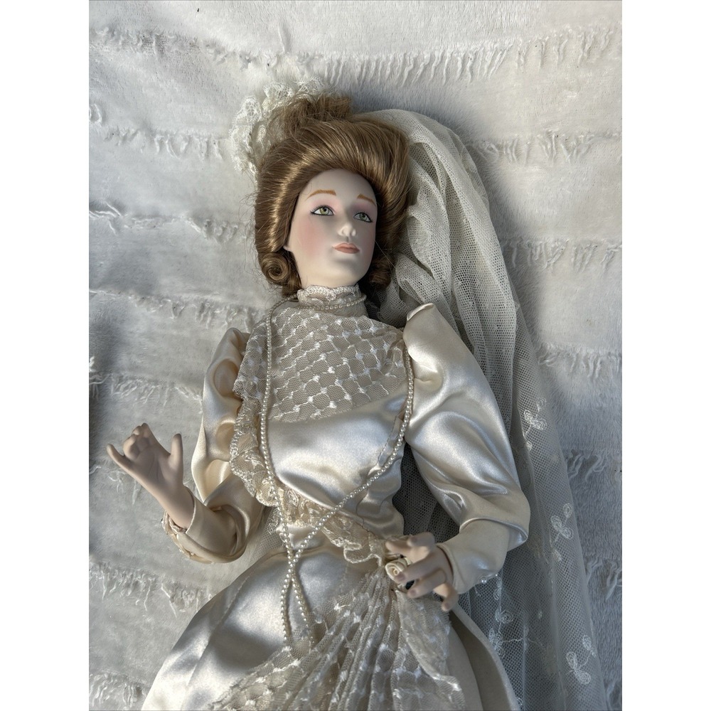Porcelain Bride Doll 18" Victorian Ivory Satin Lace Gown Wedding Collector Stand